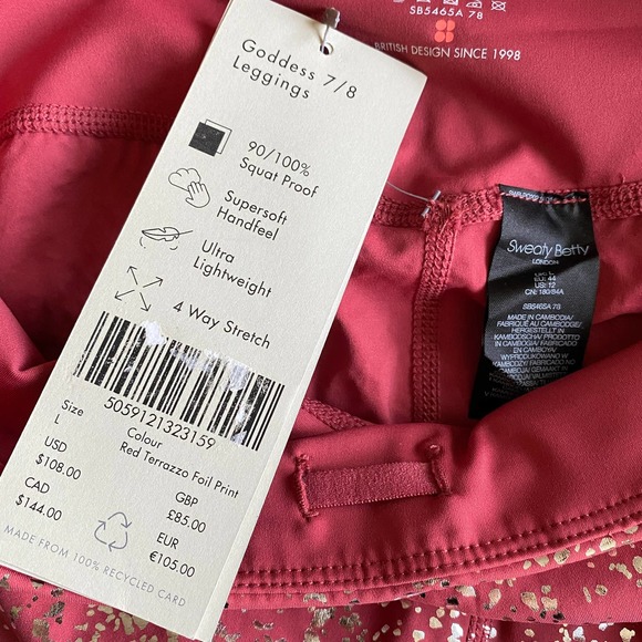 NWT Sweaty Betty 7/8 Leggings Red Terrazzo Foil Print Size L - Picture 10 of 12